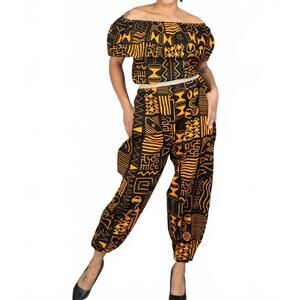 NEW KARA CHIC african print off-shoulder jumpsuit in black/yellow
